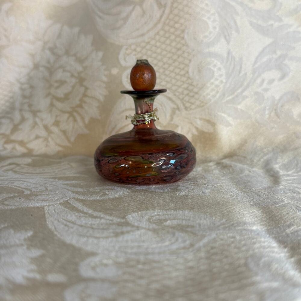 Vintage Hand Blown Art Glass Perfume Bottle Purple Iridescent Bubble Stopper